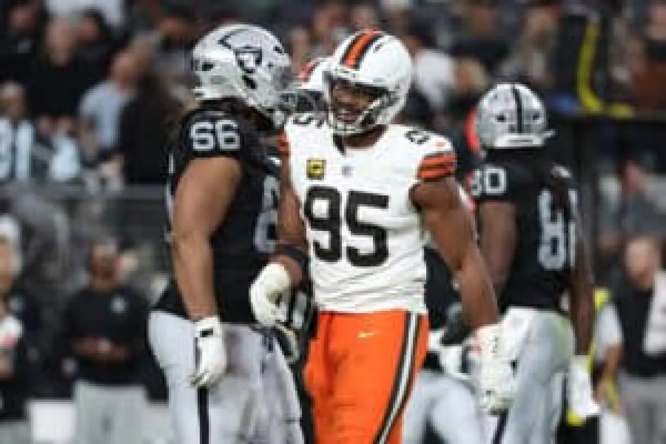 LAS VEGAS, NEVADA - NOVEMBER 23: Myles Garrett #95 of the Cleveland Browns reacts after a sack in the fourth quarter against the Las Vegas Raiders at Allegiant Stadium on November 23, 2025 in Las Vegas, Nevada.