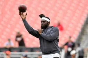 CLEVELAND, OHIO - AUGUST 23: Tyler Huntley #7 of the Cleveland Browns warms up prior to an NFL Preseason 2025 game against the Los Angeles Rams at Huntington Bank Field on August 23, 2025 in Cleveland, Ohio.