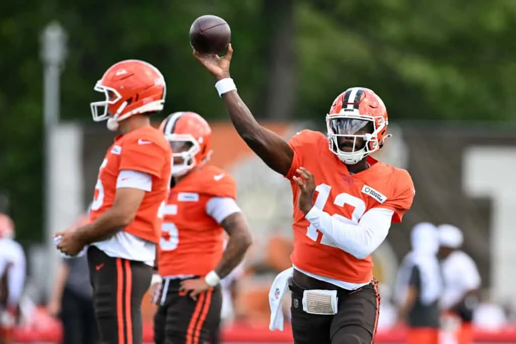 BEREA, OHIO - JULY 28: Shedeur Sanders #12 of the Cleveland Browns throws a pass during Cleveland Browns training camp at CrossCountry Mortgage Campus on July 28, 2025 in Berea, Ohio.