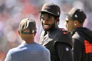 CLEVELAND, OHIO - SEPTEMBER 21: Shedeur Sanders #12 of the Cleveland Browns looks on during the first quarter against the Green Bay Packers at Huntington Bank Field on September 21, 2025 in Cleveland, Ohio.