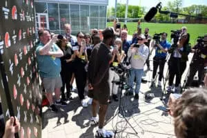 BEREA, OHIO - MAY 10: Shedeur Sanders #12 of the Cleveland Browns answers questions from the media during a press conference prior to rookie minicamp at CrossCountry Mortgage Campus on May 10, 2025 in Berea, Ohio.