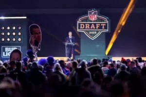 GREEN BAY, WISCONSIN - APRIL 24: NFL Commissioner Roger Goodell speaks during the first round of the 2025 NFL Draft at Lambeau Field on April 24, 2025 in Green Bay, Wisconsin.