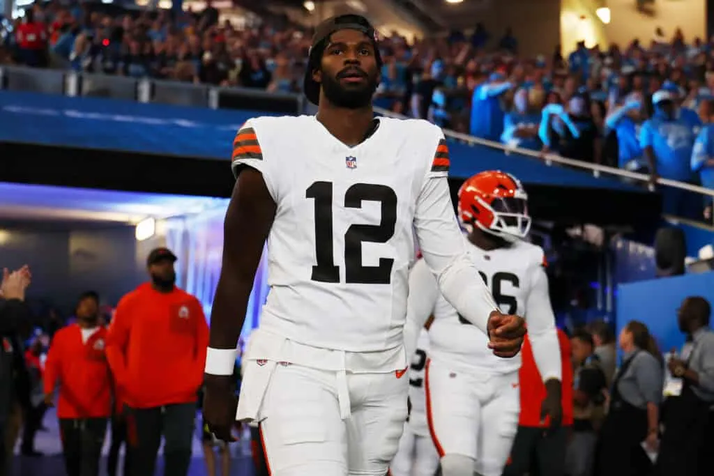 DETROIT, MICHIGAN - SEPTEMBER 28: Shedeur Sanders #12 of the Cleveland Browns walks onto the field prior to the game against the Detroit Lions at Ford Field on September 28, 2025 in Detroit, Michigan.