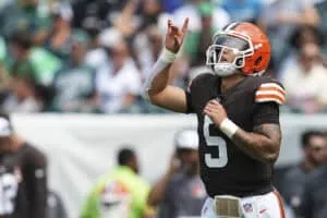 PHILADELPHIA, PENNSYLVANIA - AUGUST 16: Dillon Gabriel #5 of the Cleveland Browns reacts against the Philadelphia Eagles in the first half of the NFL Preseason 2025 game at Lincoln Financial Field on August 16, 2025 in Philadelphia, Pennsylvania.