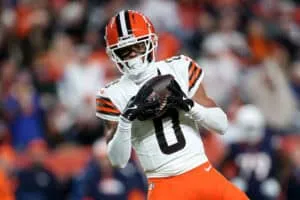 DENVER, COLORADO - DECEMBER 02: Greg Newsome II #0 of the Cleveland Browns intercepts a pass during the second quarter in the game against the Denver Broncos at Empower Field At Mile High on December 02, 2024 in Denver, Colorado.