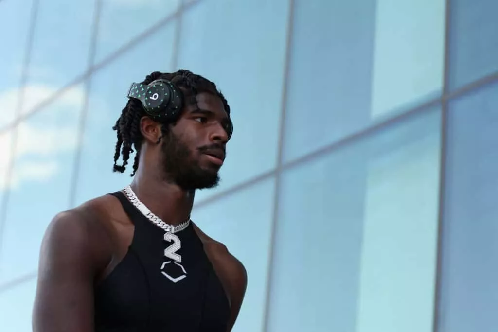 TEMPE, ARIZONA - OCTOBER 07: Quarterback Shedeur Sanders #2 of the Colorado Buffaloes walks to the locker room before the NCAAF game against the Arizona State Sun Devils at Mountain America Stadium on October 07, 2023 in Tempe, Arizona.