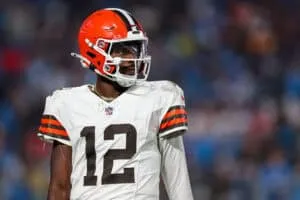 CHARLOTTE, NORTH CAROLINA - AUGUST 08: Shedeur Sanders #12 of the Cleveland Browns looks on during the second half of an NFL Preseason 2025 game against the Carolina Panthers at Bank of America Stadium on August 08, 2025 in Charlotte, North Carolina.