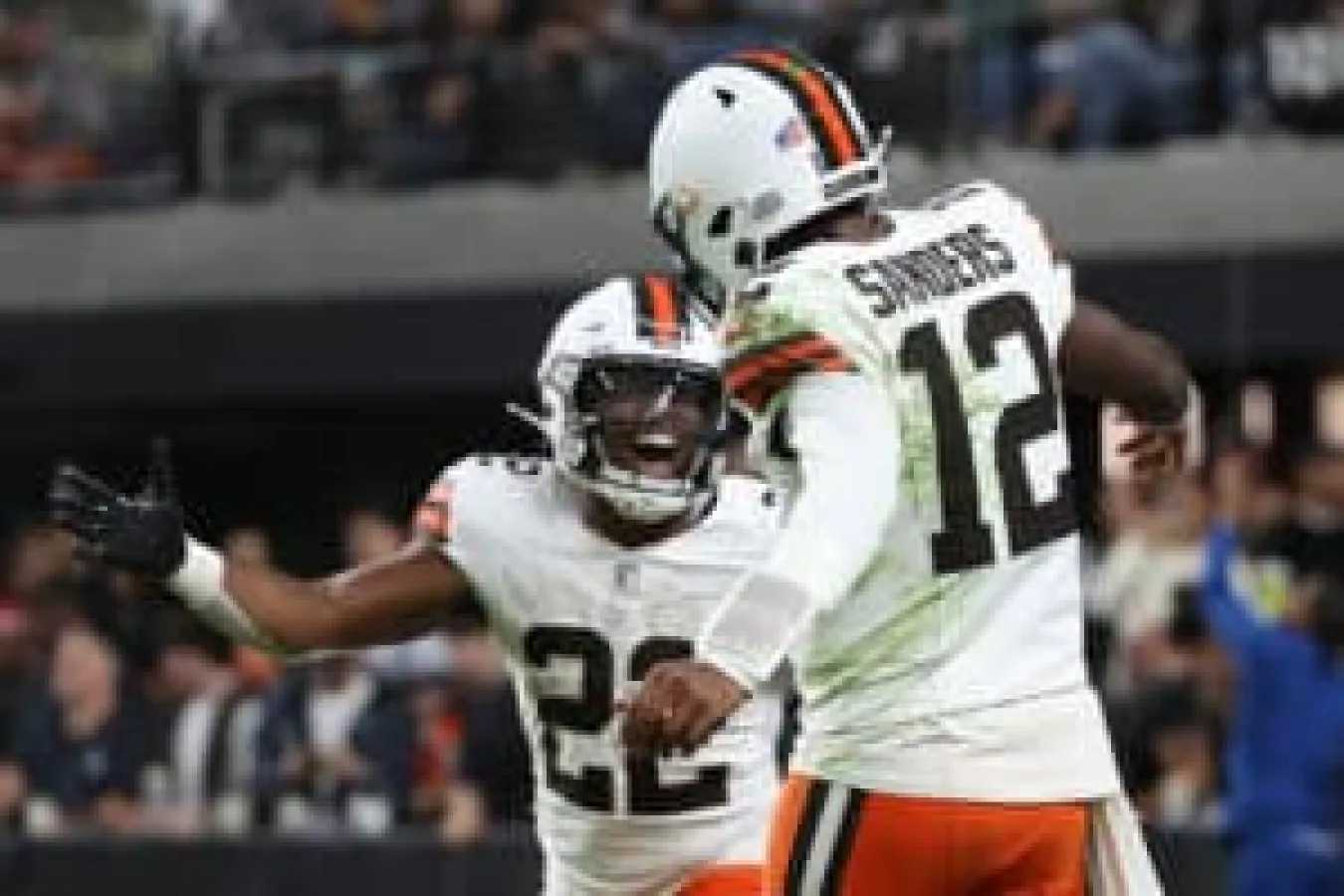LAS VEGAS, NEVADA - NOVEMBER 23: Shedeur Sanders #12 and Dylan Sampson #22 of the Cleveland Browns celebrate in the game against the Las Vegas Raiders at Allegiant Stadium on November 23, 2025 in Las Vegas, Nevada.