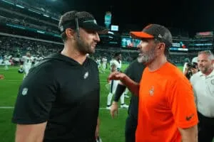 PHILADELPHIA, PENNSYLVANIA - AUGUST 17: Head coach Nick Sirianni and the Philadelphia Eagles talks to head coach Kevin Stefanski of the Cleveland Browns after the preseason game at Lincoln Financial Field on August 17, 2023 in Philadelphia, Pennsylvania. The Browns tied the Eagles 18-18.
