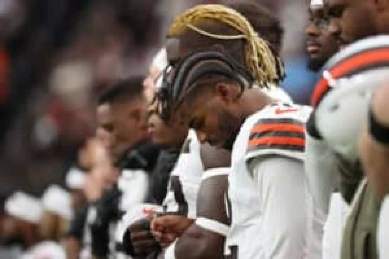 LAS VEGAS, NEVADA - NOVEMBER 23: Shedeur Sanders #12 of the Cleveland Browns looks on during the National Anthem in the game against the Las Vegas Raiders at Allegiant Stadium on November 23, 2025 in Las Vegas, Nevada.