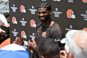 BEREA, OHIO - JUNE 10: Shedeur Sanders #12 of the Cleveland Browns answers questions from the media during a press conference after Cleveland Browns mandatory minicamp at CrossCountry Mortgage Campus on June 10, 2025 in Berea, Ohio.