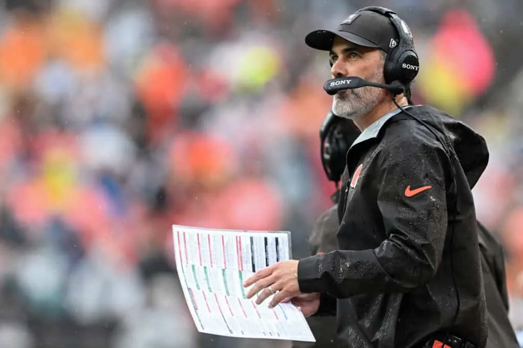 CLEVELAND, OHIO - OCTOBER 19: Head coach Kevin Stefanski of the Cleveland Browns looks on against the Miami Dolphins during the first quarter of the game at Huntington Bank Field on October 19, 2025 in Cleveland, Ohio.