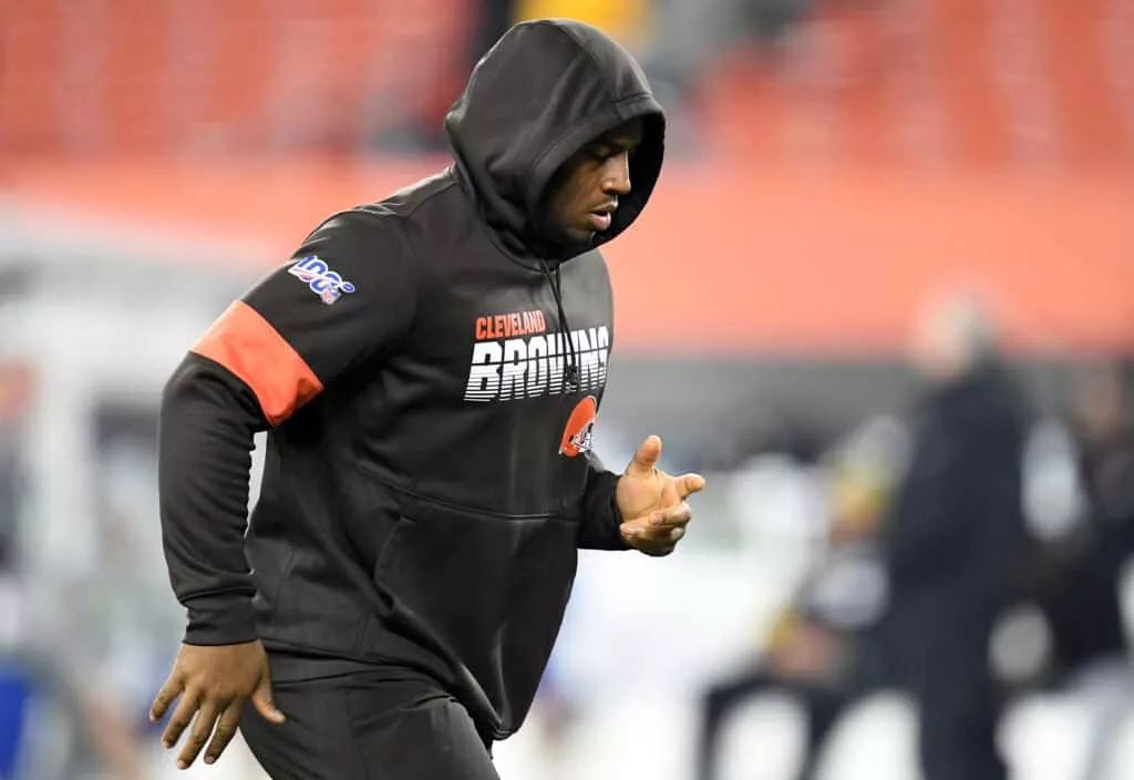 CLEVELAND, OHIO - NOVEMBER 14: Running back Nick Chubb #24 of the Cleveland Browns warms up before the game against the Pittsburgh Steelers at FirstEnergy Stadium on November 14, 2019 in Cleveland, Ohio.