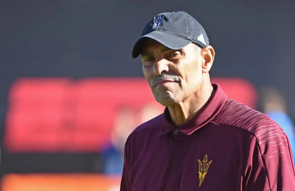 LAS VEGAS, NEVADA - DECEMBER 15: Head coach Herm Edwards of the Arizona State Sun Devils walks on the field before taking on the Fresno State Bulldogs in the Mitsubishi Motors Las Vegas Bowl at Sam Boyd Stadium on December 15, 2018 in Las Vegas, Nevada. The Bulldogs defeated the Sun Devils 31-20.