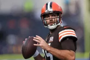 INGLEWOOD, CALIFORNIA - DECEMBER 03: Joe Flacco #15 of the Cleveland Browns warms up before the game Los Angeles Rams at SoFi Stadium on December 03, 2023 in Inglewood, California.