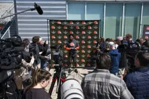 BEREA, OHIO - MAY 09: Dylan Sampson #22 of the Cleveland Browns answers questions from the media during a press conference prior to rookie minicamp at CrossCountry Mortgage Campus on May 09, 2025 in Berea, Ohio.