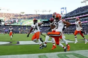 BALTIMORE, MARYLAND - NOVEMBER 12: Greg Newsome II #0 of the Cleveland Browns celebrates a touchdown against the Baltimore Ravens during the fourth quarter at M&T Bank Stadium on November 12, 2023 in Baltimore, Maryland.