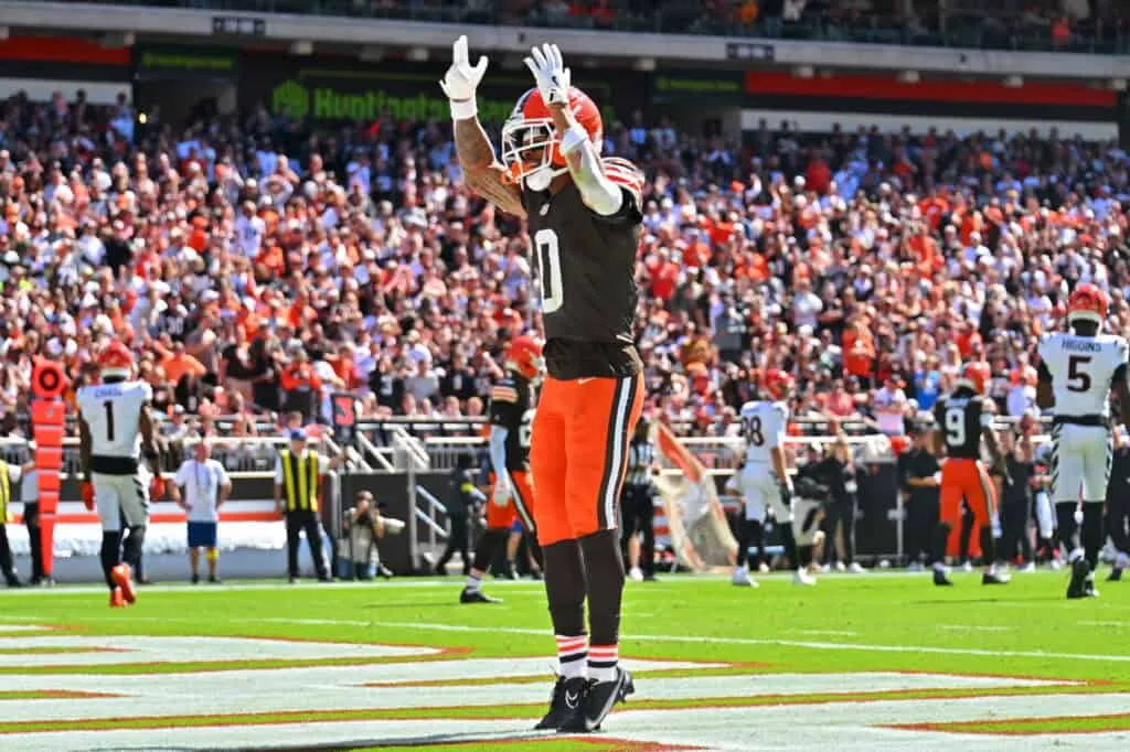 CLEVELAND, OHIO - SEPTEMBER 07: Greg Newsome II #0 of the Cleveland Browns reacts during the third quarter against the Cincinnati Bengals during the game at Huntington Bank Field on September 07, 2025 in Cleveland, Ohio.