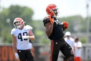BEREA, OHIO - JULY 28: Cedric Tillman #19 of the Cleveland Browns celebrates a catch during Cleveland Browns training camp at CrossCountry Mortgage Campus on July 28, 2025 in Berea, Ohio.