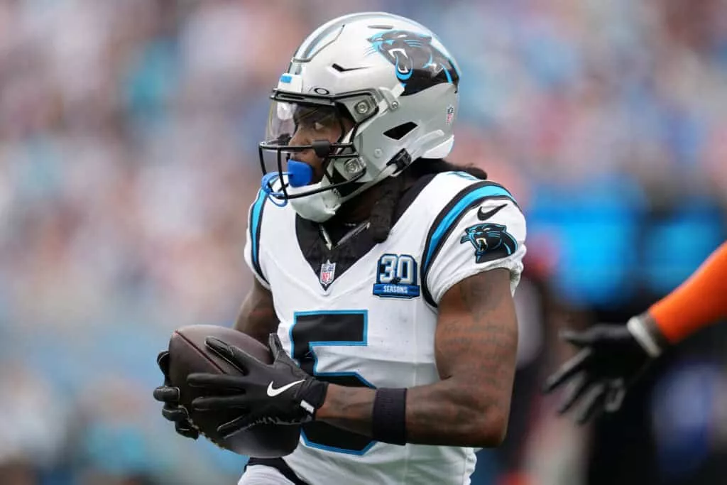 CHARLOTTE, NORTH CAROLINA - SEPTEMBER 29: Diontae Johnson #5 of the Carolina Panthers catches a pass against the Cincinnati Bengals during the first quarter at Bank of America Stadium on September 29, 2024 in Charlotte, North Carolina.