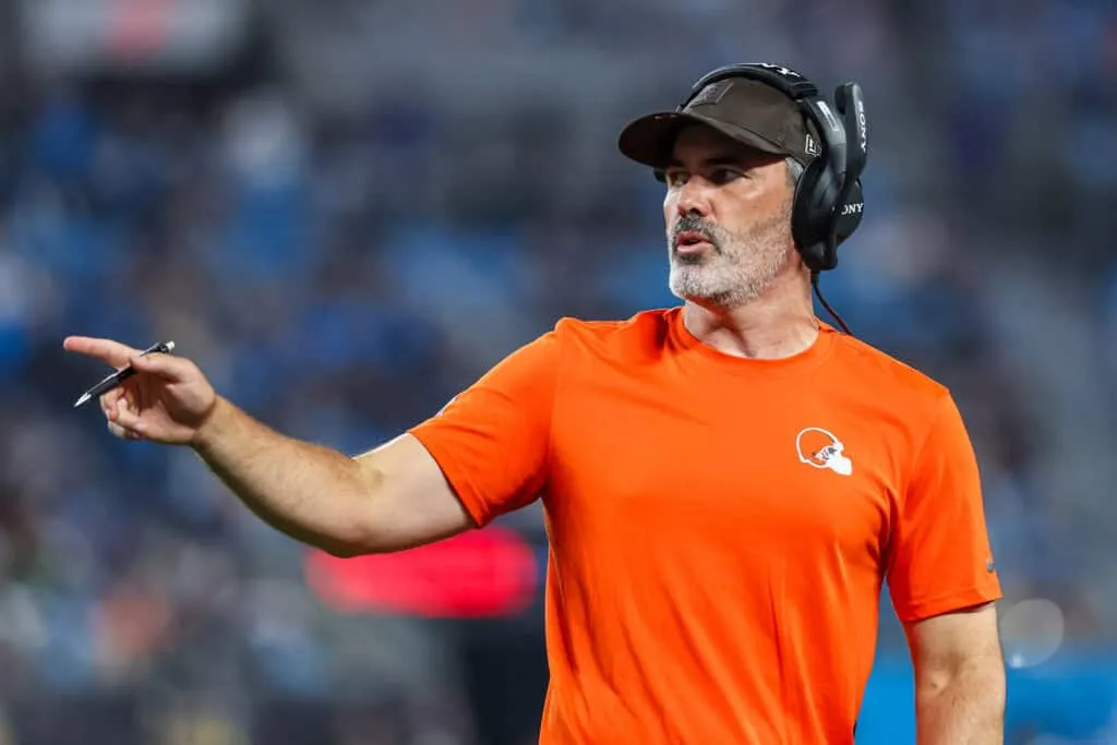 CHARLOTTE, NORTH CAROLINA - AUGUST 08: Head Coach Kevin Stefanski reacts during the second half of an NFL Preseason 2025 game at Bank of America Stadium against the Carolina Panthers on August 08, 2025 in Charlotte, North Carolina.