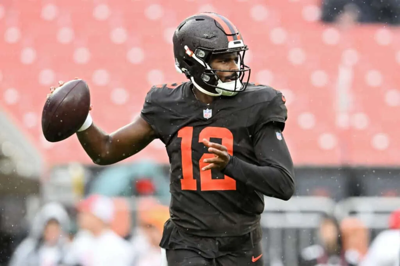 CLEVELAND, OHIO - OCTOBER 19: Shedeur Sanders #12 of the Cleveland Browns warms up prior to a game against the Miami Dolphins at Huntington Bank Field on October 19, 2025 in Cleveland, Ohio.