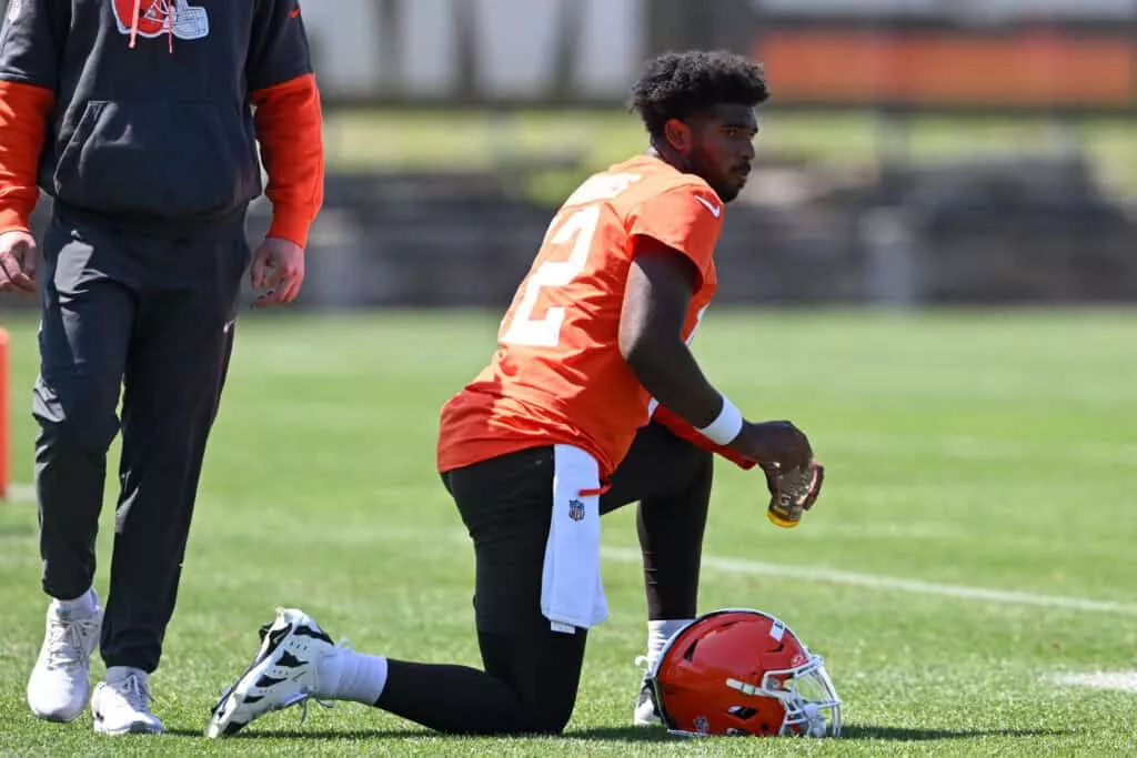 BEREA, OHIO - MAY 10: Shedeur Sanders #12 of the Cleveland Browns looks on during rookie minicamp at CrossCountry Mortgage Campus on May 10, 2025 in Berea, Ohio.