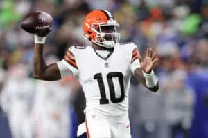 SEATTLE, WASHINGTON - AUGUST 24: Quarterback Tyler Huntley #10 of the Cleveland Browns throws against the Seattle Seahawks during an NFL preseason game at Lumen Field on August 24, 2024 in Seattle, Washington.