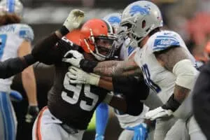CLEVELAND, OHIO - NOVEMBER 21: Myles Garrett #95 of the Cleveland Browns plays against the Detroit Lions at FirstEnergy Stadium on November 21, 2021 in Cleveland, Ohio.