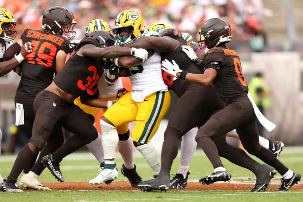 CLEVELAND, OHIO - SEPTEMBER 21: Emanuel Wilson #23 of the Green Bay Packers runs with the ball during the third quarter against the Cleveland Browns at Huntington Bank Field on September 21, 2025 in Cleveland, Ohio.