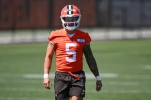 BEREA, OHIO - MAY 10: Dillon Gabriel #5 of the Cleveland Browns looks on during rookie minicamp at CrossCountry Mortgage Campus on May 10, 2025 in Berea, Ohio.