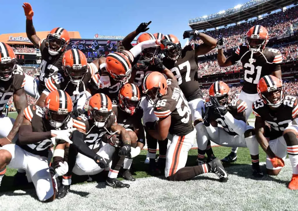 The Cleveland Browns defense celebrates in the end zone after an interception during the second half in the game against the Houston Texans at FirstEnergy Stadium on September 19, 2021 in Cleveland, Ohio.