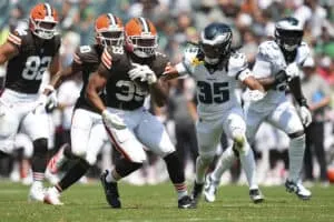 PHILADELPHIA, PENNSYLVANIA - AUGUST 16: Ahmani Marshall #39 of the Cleveland Browns runs the ball against Brandon Johnson #35 of the Philadelphia Eagles in the first half of the NFL Preseason 2025 game at Lincoln Financial Field on August 16, 2025 in Philadelphia, Pennsylvania. The Cleveland Browns defeated the Philadelphia Eagles 22-13.