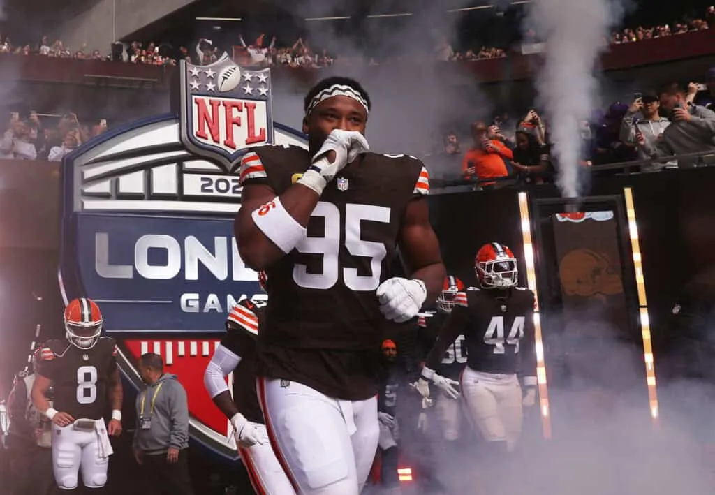 LONDON, ENGLAND - OCTOBER 05: Myles Garrett of the Cleveland Browns runs out of the tunnel prior to the NFL 2025 game between Minnesota Vikings and Cleveland Browns at Tottenham Hotspur Stadium on October 05, 2025 in London, England.""
