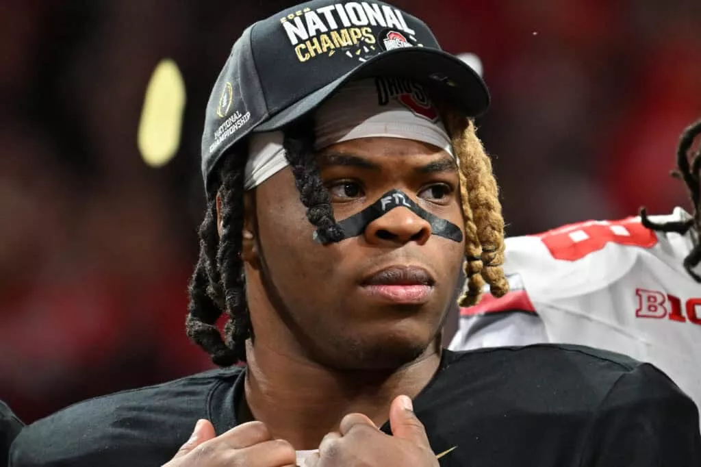 ATLANTA, GEORGIA - JANUARY 20: Quinshon Judkins #1 of the Ohio State Buckeyes celebrates after beating the Notre Dame Fighting Irish 34-23 in the 2025 CFP National Championship at the Mercedes-Benz Stadium on January 20, 2025 in Atlanta, Georgia.