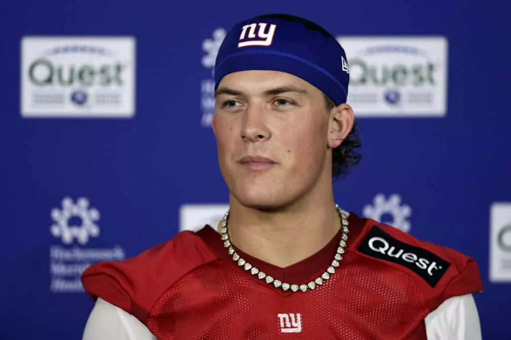 EAST RUTHERFORD, NEW JERSEY - MAY 09: Jaxson Dart #6 of the New York Giants speaks with the media after rookie minicamp at NY Giants Quest Diagnostics Training Center on May 09, 2025 in East Rutherford, New Jersey.
