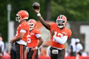 BEREA, OHIO - JULY 28: Shedeur Sanders #12 of the Cleveland Browns throws a pass during Cleveland Browns training camp at CrossCountry Mortgage Campus on July 28, 2025 in Berea, Ohio.