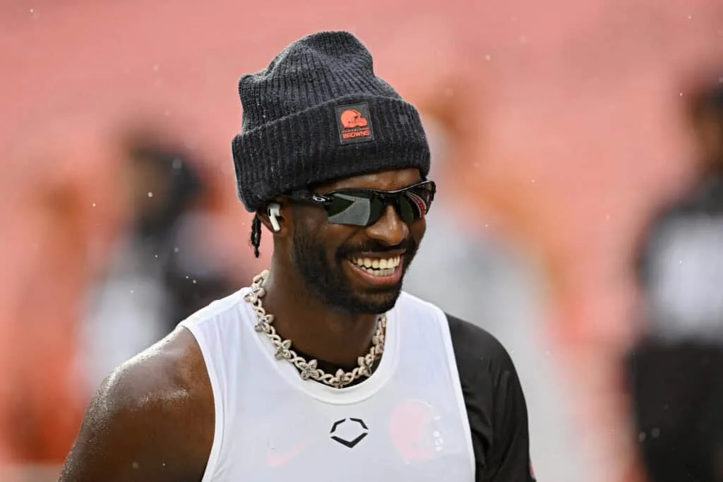 CLEVELAND, OHIO - OCTOBER 19: Shedeur Sanders #12 of the Cleveland Browns looks on during warm ups prior to a game against the Miami Dolphins at Huntington Bank Field on October 19, 2025 in Cleveland, Ohio.