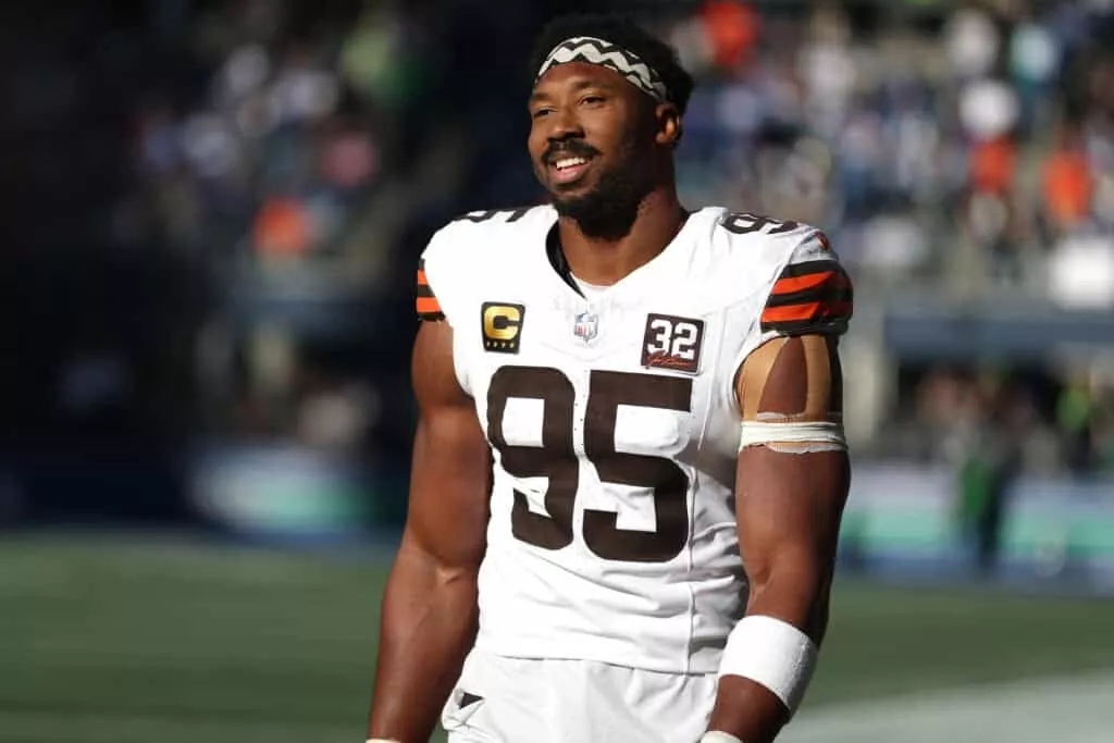 SEATTLE, WASHINGTON - OCTOBER 29: Myles Garrett #95 of the Cleveland Browns looks on during the first half of a game against the Seattle Seahawks at Lumen Field on October 29, 2023 in Seattle, Washington.