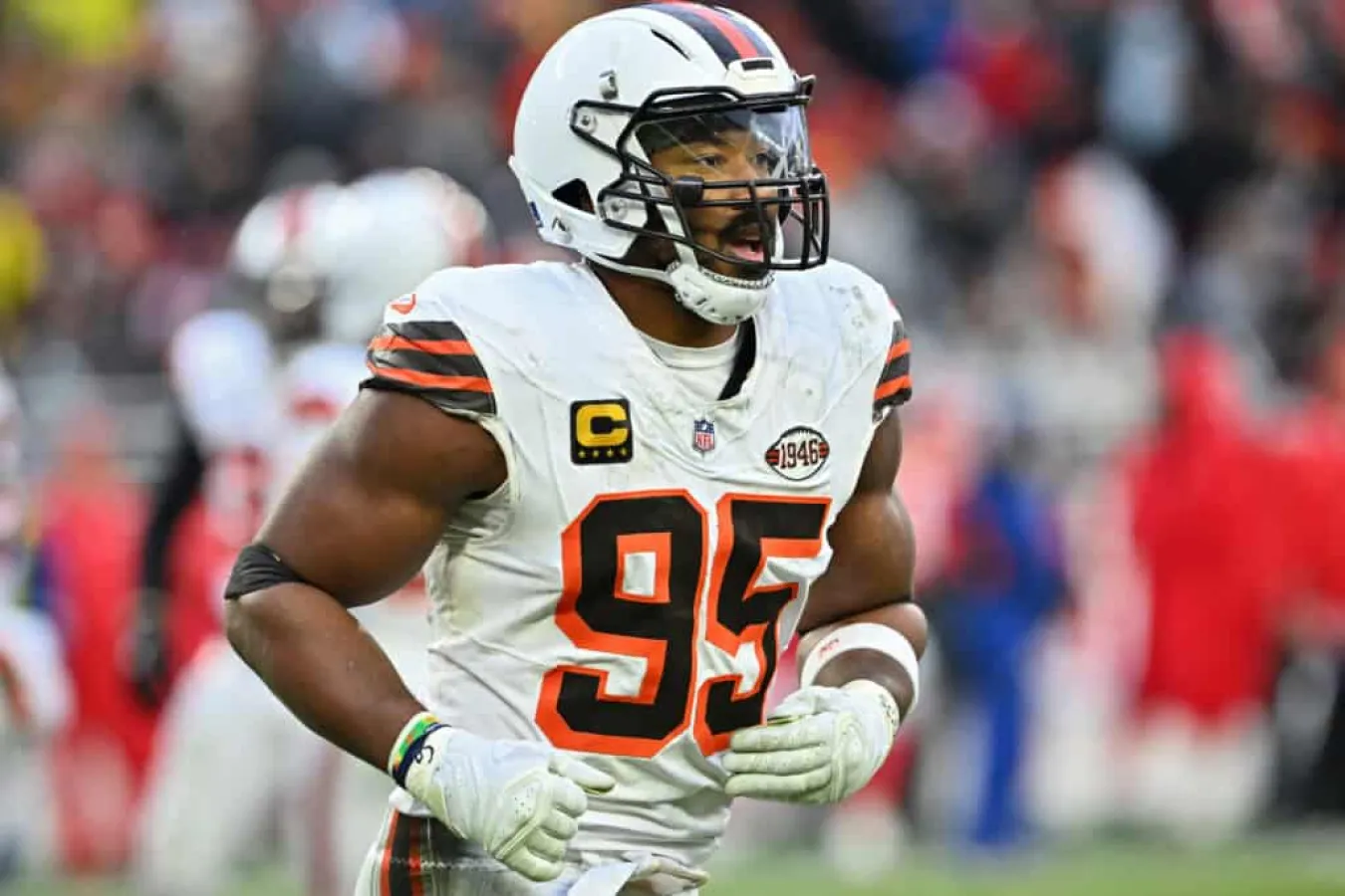 CLEVELAND, OHIO - DECEMBER 15: Myles Garrett #95 of the Cleveland Browns looks on during the fourth quarter against the Kansas City Chiefs at Huntington Bank Field on December 15, 2024 in Cleveland, Ohio.
