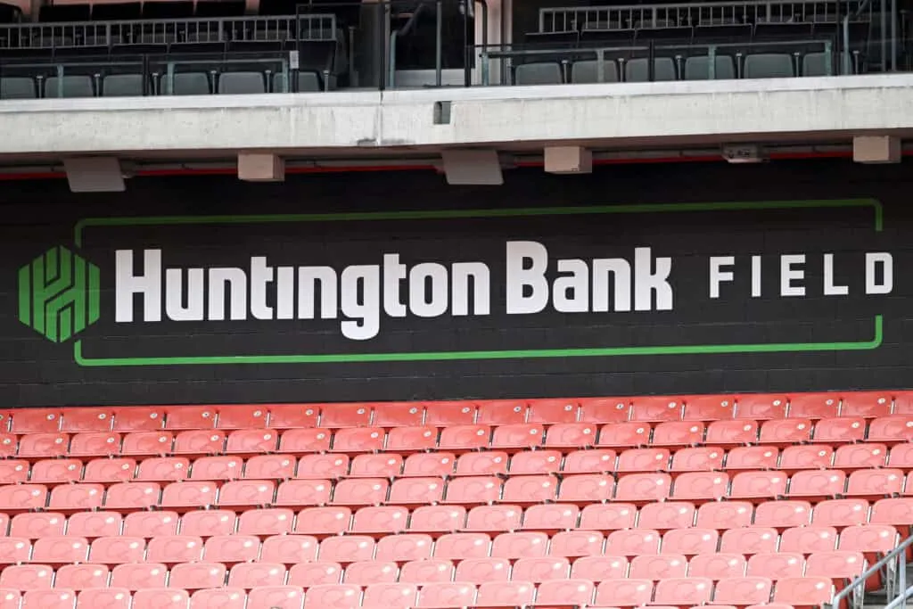 CLEVELAND, OHIO - AUGUST 23: A view of signage inside the stadium prior to an NFL Preseason 2025 game between the Cleveland Browns and Los Angeles Rams at Huntington Bank Field on August 23, 2025 in Cleveland, Ohio.