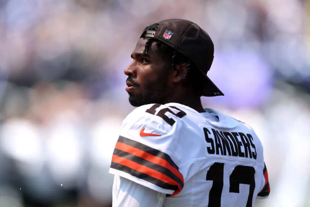 BALTIMORE, MARYLAND - SEPTEMBER 14: Quarterback Shedeur Sanders #12 of the Cleveland Browns looks on during the Browns and Baltimore Ravens game at M&T Bank Stadium on September 14, 2025 in Baltimore, Maryland.