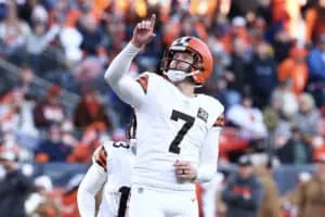 DENVER, COLORADO - NOVEMBER 26: Dustin Hopkins #7 of the Cleveland Browns kicks a field goal in the first half of the game against the Denver Broncos at Empower Field At Mile High on November 26, 2023 in Denver, Colorado.