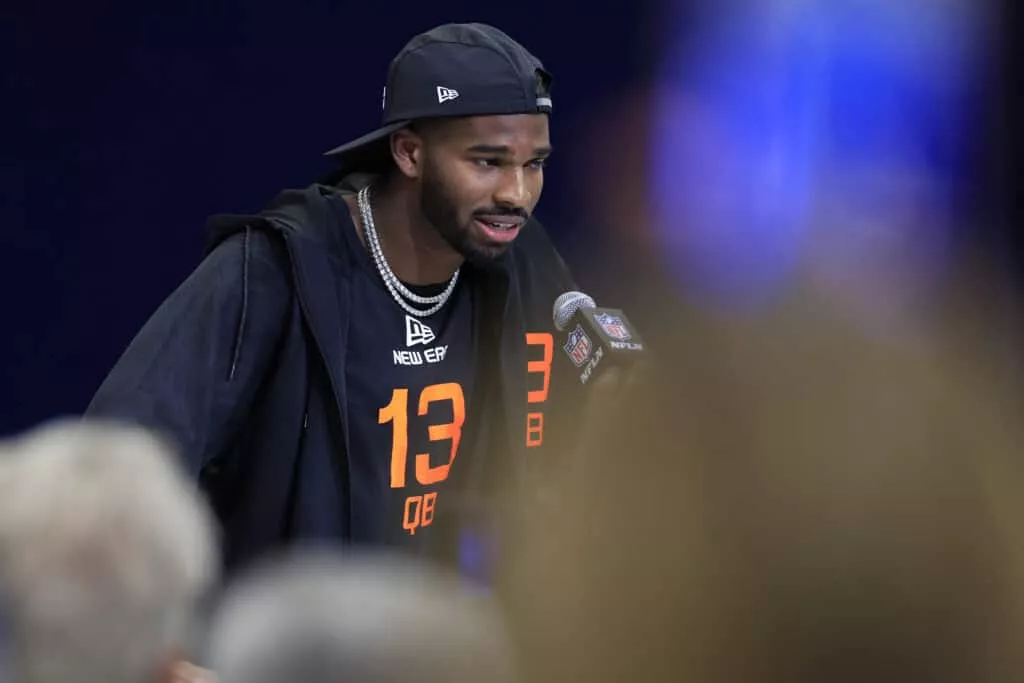 INDIANAPOLIS, INDIANA - FEBRUARY 28: Shedeur Sanders #QB13 of Colorado speaks to the media during the 2025 NFL Scouting Combine at Lucas Oil Stadium on February 28, 2025 in Indianapolis, Indiana.
