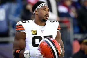 FOXBOROUGH, MASSACHUSETTS - OCTOBER 26: Myles Garrett #95 of the Cleveland Browns looks on during warmups prior to the game =NE at Gillette Stadium on October 26, 2025 in Foxborough, Massachusetts.