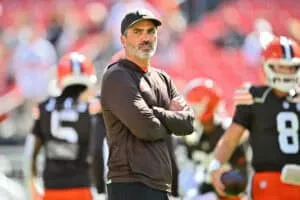 CLEVELAND, OHIO - SEPTEMBER 07: Head coach Kevin Stefanski of the Cleveland Browns looks on during warm ups prior to the game against the Cincinnati Bengals during the game at Huntington Bank Field on September 07, 2025 in Cleveland, Ohio.