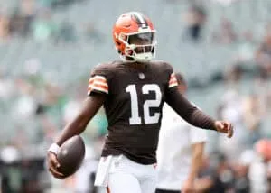 PHILADELPHIA, PENNSYLVANIA - AUGUST 16: Shedeur Sanders #12 of the Cleveland Browns warms up before the NFL Preseason 2025 game between Cleveland Browns and Philadelphia Eagles at Lincoln Financial Field on August 16, 2025 in Philadelphia, Pennsylvania.