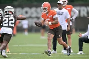 BEREA, OHIO - JULY 25: Quarterback Dillon Gabriel #5 of the Cleveland Browns runs a play during training camp at CrossCountry Mortgage Campus on July 25, 2025 in Berea, Ohio.