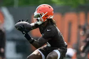 BEREA, OHIO - JUNE 04: Jerry Jeudy #3 of the Cleveland Browns catches a pass during Cleveland Browns OTA offseason workouts at CrossCountry Mortgage Campus on June 04, 2025 in Berea, Ohio.