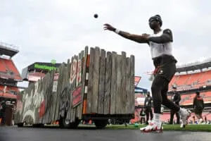CLEVELAND, OHIO - OCTOBER 19: Shedeur Sanders #12 of the Cleveland Browns warms up prior to a game against the Miami Dolphins at Huntington Bank Field on October 19, 2025 in Cleveland, Ohio.